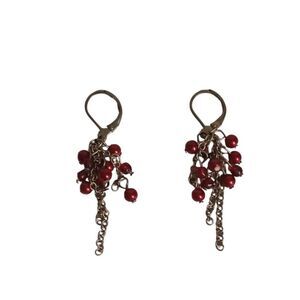 Gold Toned Metal and Red Beads Leverback Dangle Drop Holiday Statement Earrings